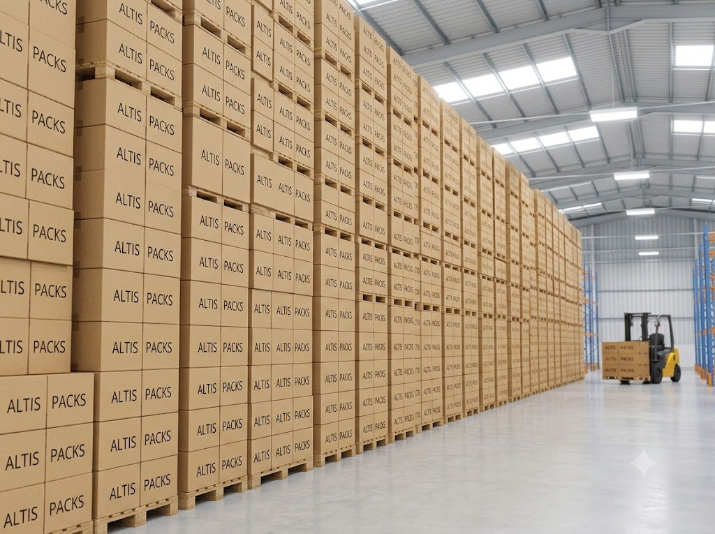 Large warehouse with stacked finished cartons