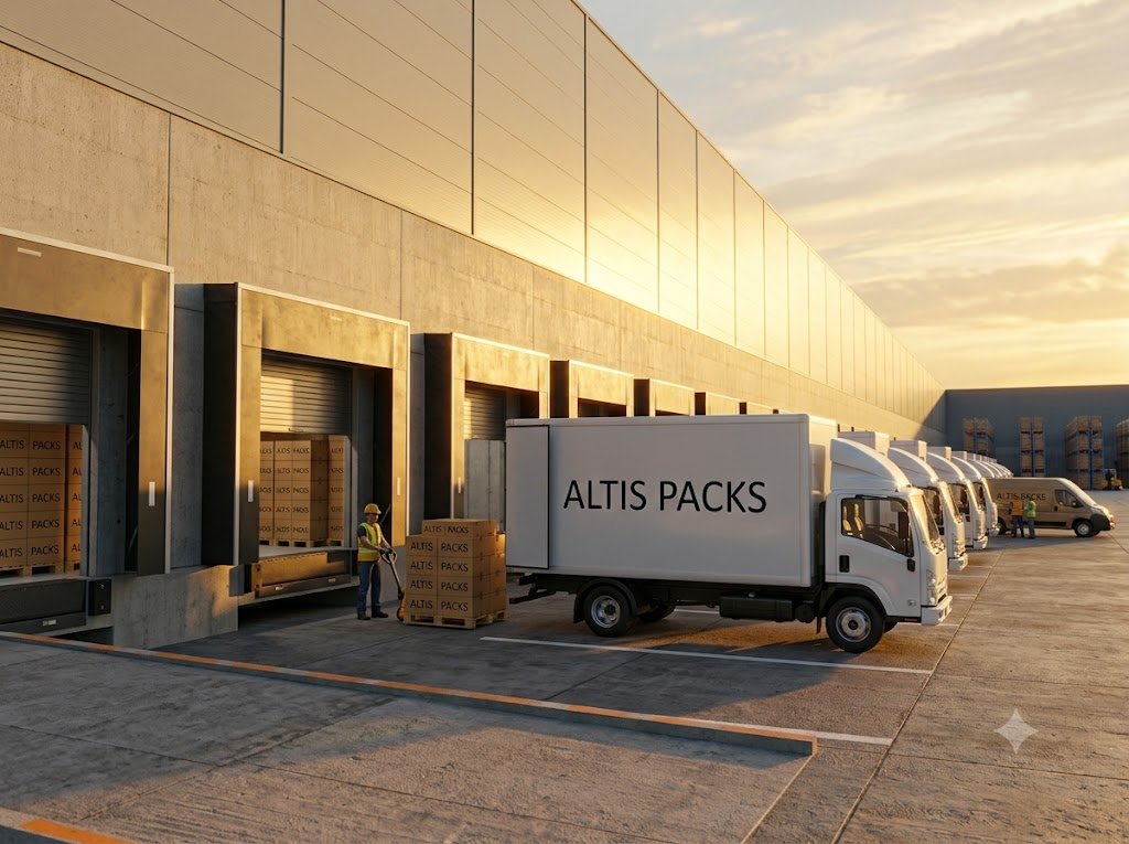 Loading dock with dispatch trucks loading cartons