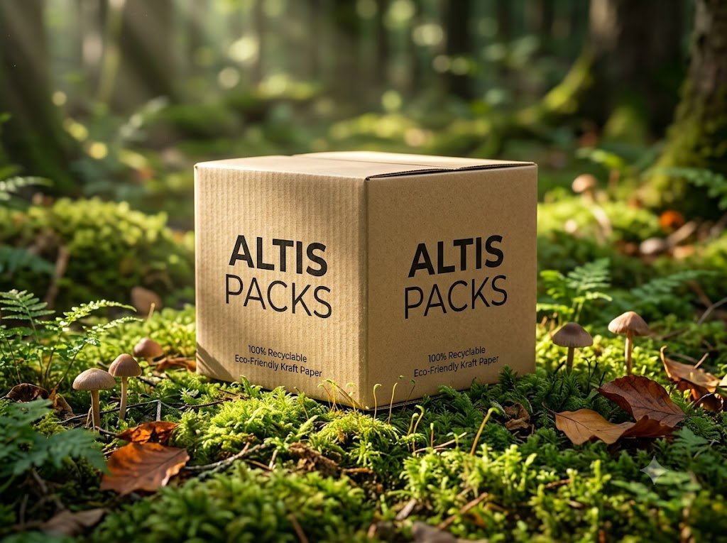 Recyclable corrugated boxes surrounded by greenery